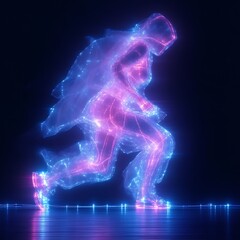 Poster - Glowing humanoid figure in dynamic motion, rendered in vibrant pink and blue hues