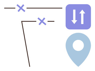 Poster - Location pin, directional arrows, and map lines suggest navigation, mapping, and route planning. Ideal for logistics, travel, delivery, wayfinding tourism GPS apps simple flat metaphor