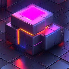 Poster - Glowing metallic cubes interlock, vibrant neon accents