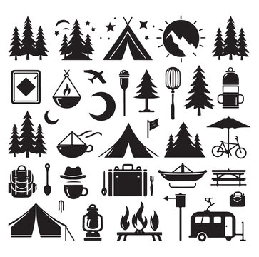 Camping elements set silhouette vector graphics