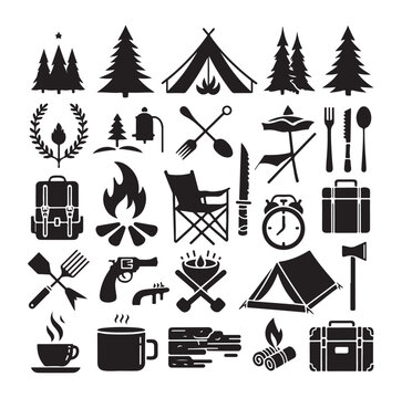 Camping elements set silhouette vector graphics