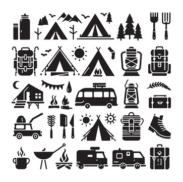Camping elements set silhouette vector graphics