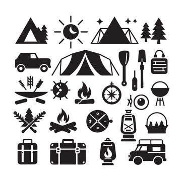 Camping elements set silhouette vector graphics