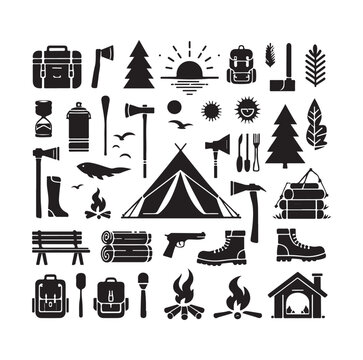 Camping elements set silhouette vector graphics