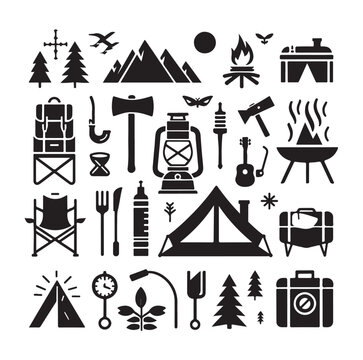 Camping elements set silhouette vector graphics