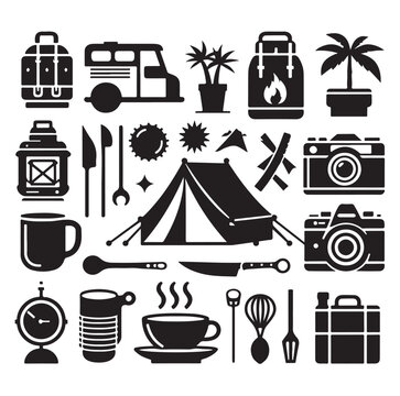 Camping elements set silhouette vector graphics