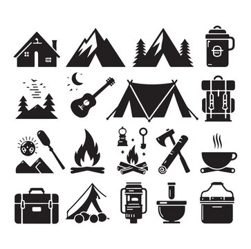 Camping elements set silhouette vector graphics