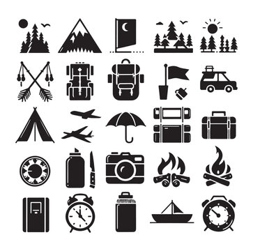Camping elements set silhouette vector graphics