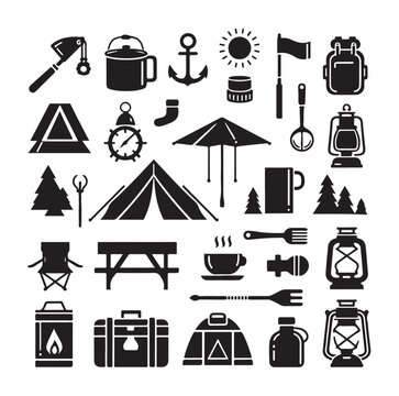 Camping elements set silhouette vector graphics