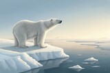 Majestic polar bear stands on ice floe gazing towards distant horizon in arctic landscape