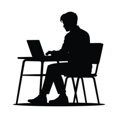 Poster - Silhouette of a man working on a laptop at a desk isolated on white background