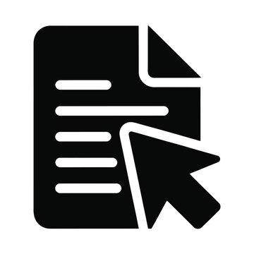 Cursor pointing at document icon with text lines silhouette isolated on white background