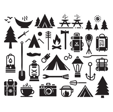 Camping elements set silhouette vector graphics