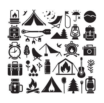 Camping elements set silhouette vector graphics