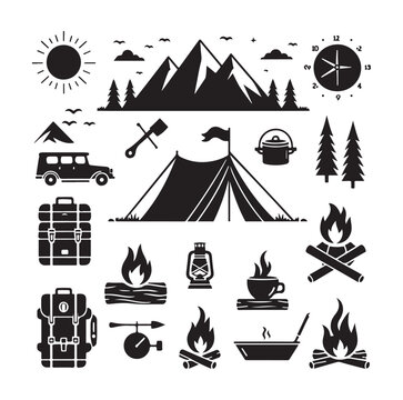 Camping elements set silhouette vector graphics