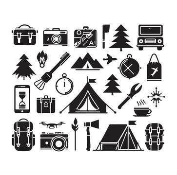 Camping elements set silhouette vector graphics