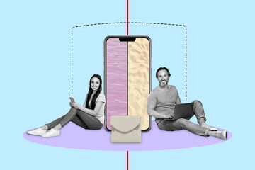 Aufkleber - Composite sketch image collage of chatting speech note online textbox letter smartphone touchscreen young lady aged man sit hold laptop