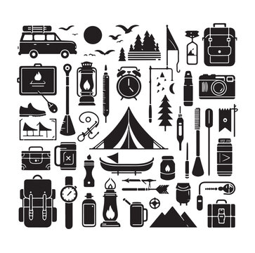 Camping elements set silhouette vector graphics