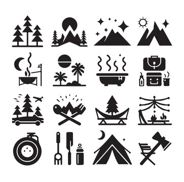 Camping elements set silhouette vector graphics