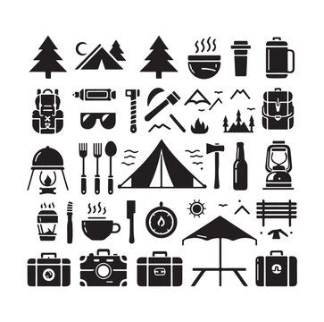 Camping elements set silhouette vector graphics