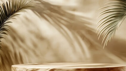 Poster - Minimalist beige scene with natural light shadows and tropical palm leaves framing an empty textured stone pedestal.