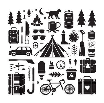 Camping elements set silhouette vector graphics