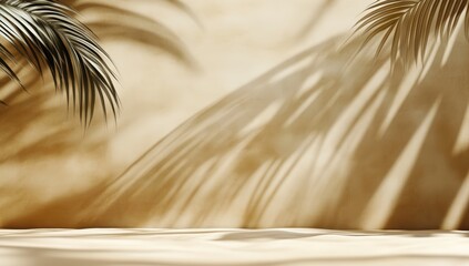 Poster - Soft shadows of palm leaves cast on a sandy beige textured wall, creating a natural and calming tropical ambiance.