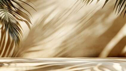 Poster - A minimalistic beige background with soft shadows of palm leaves and a smooth surface, creating a warm and natural ambiance.