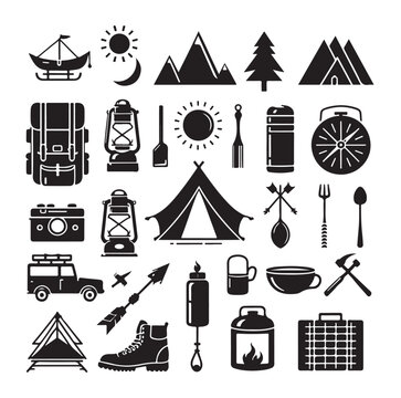 Camping elements set silhouette vector graphics