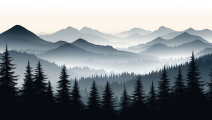 Wall Mural - a serene landscape of layered mountains fading into the mist, with dense pine forests in the foregro