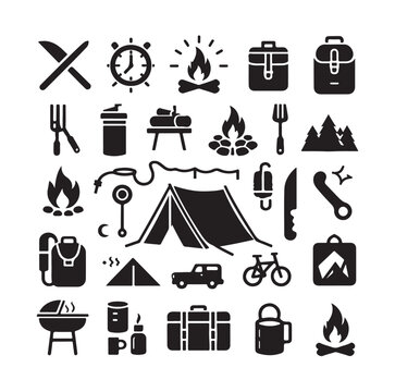 Camping elements set silhouette vector graphics