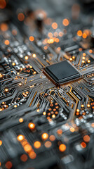 Poster - Close-up of a circuit board, showcasing intricate pathways and a central processor, symbolizing technology, innovation, and connectivity