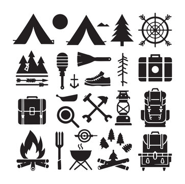 Camping elements set silhouette vector graphics