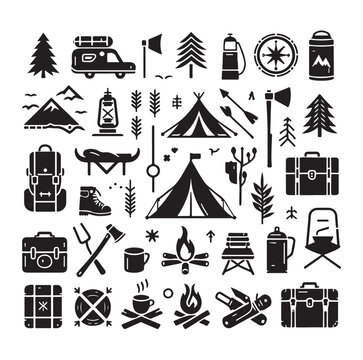 Camping elements set silhouette vector graphics
