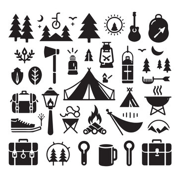 Camping elements set silhouette vector graphics