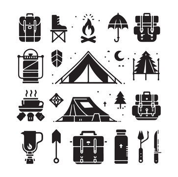 Camping elements set silhouette vector graphics