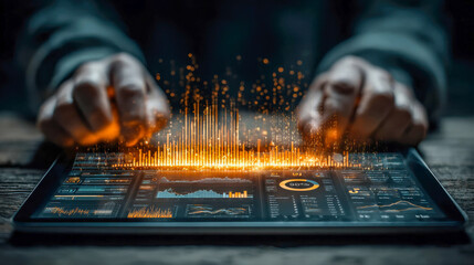 Poster - Hands interacting with a glowing digital tablet, with orange data bars and futuristic UI elements rising into the air in a tech-inspired composition