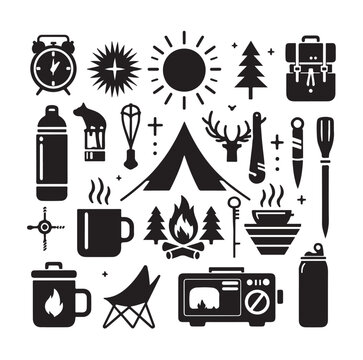Camping elements set silhouette vector graphics