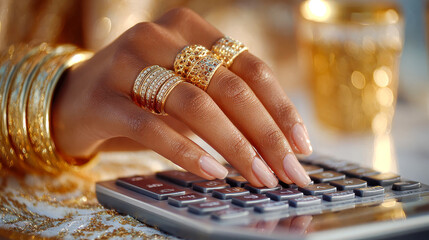 Poster - Close-up of a woman manicured hand adorned with ornate golden rings, pressing calculator keys on a glittery golden surface