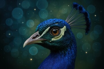 Naklejka na meble A close-up portrait of a vibrant peacock, its head adorned with striking blue plumage and a contrasting white collar, set against a backdrop of softly blurred bokeh lights