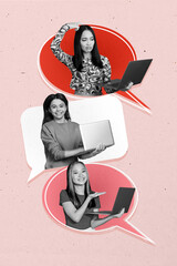 Aufkleber - Composite sketch image artwork collage of three friends ladu video call hold laptop texting bubble communication message speech cloud