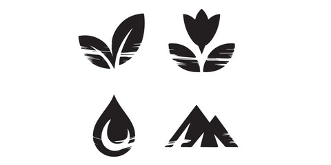 Aufkleber - A set of four black brush stroke icons depicting leaves flower water drop and mountains on white background
