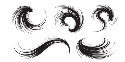 Poster - A set of six black ink brush stroke swirls and curves on a white background in a vector format
