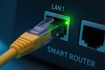 Poster - Yellow Ethernet Cable Connected to Smart Router with Green Light Indicating Active Connection