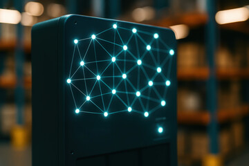 Poster - Modern Technology Connection With Bright Dots and Lines Displayed on Smart Device in Warehouse