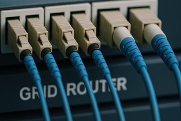 Poster - Close-up of Network Cables Connected to a Router Port in a Data Center Environment