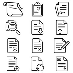 Poster - Collection of twelve document icons representing various file actions and document states in outline style