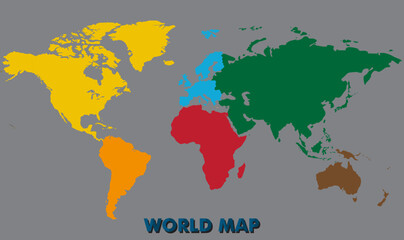  Stylized world map on gray background with continents outlined in unique colors—representing global regions