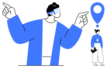 Poster - Person wearing AR headset pointing at digital interfaces, smaller figure with tablet under location marker. Ideal for navigation, technology, innovation, guidance, futuristic design, exploration