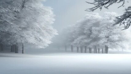 Wall Mural - A winter wonderland, frosted trees in a misty landscape.  Snow-dusted branches and trunks. Soft light